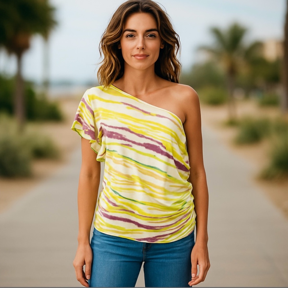 Jennifer Lopez Yellow Pink Asymmetrical one shoulder Ruched Blouse XL